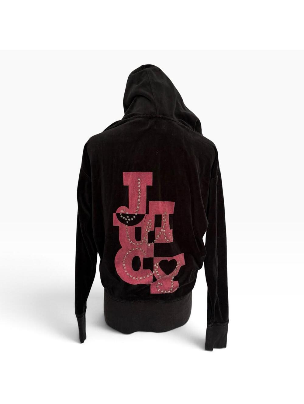 Juicy Couture black velvet zip up hoodie with pink rhinestone logo
